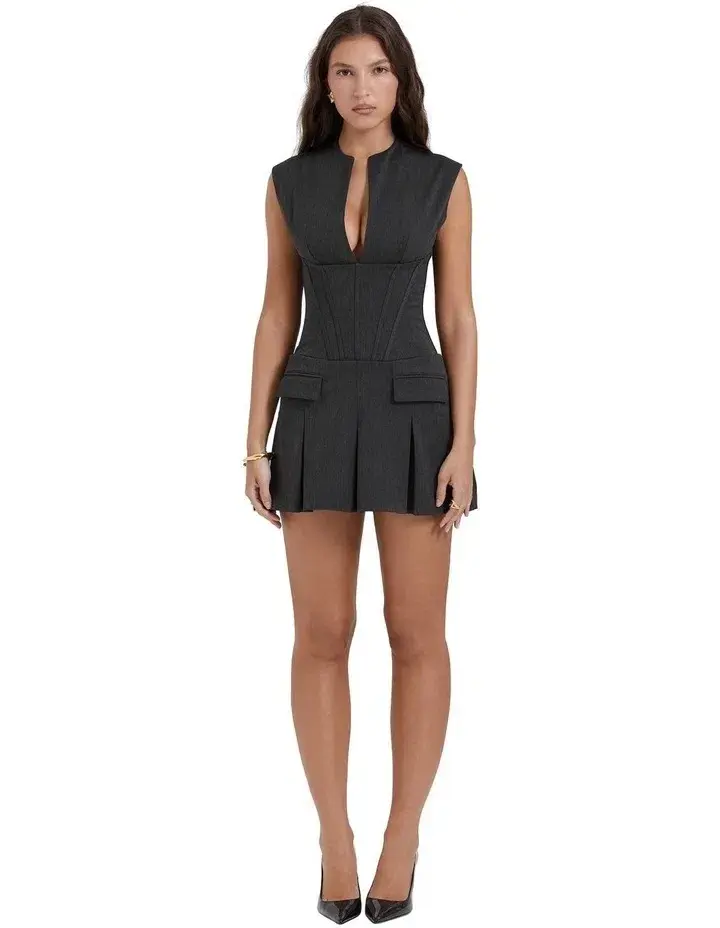 House of CB Eleanor Pleated Corset Mini Dress Charcoal Size 8 - Image 1