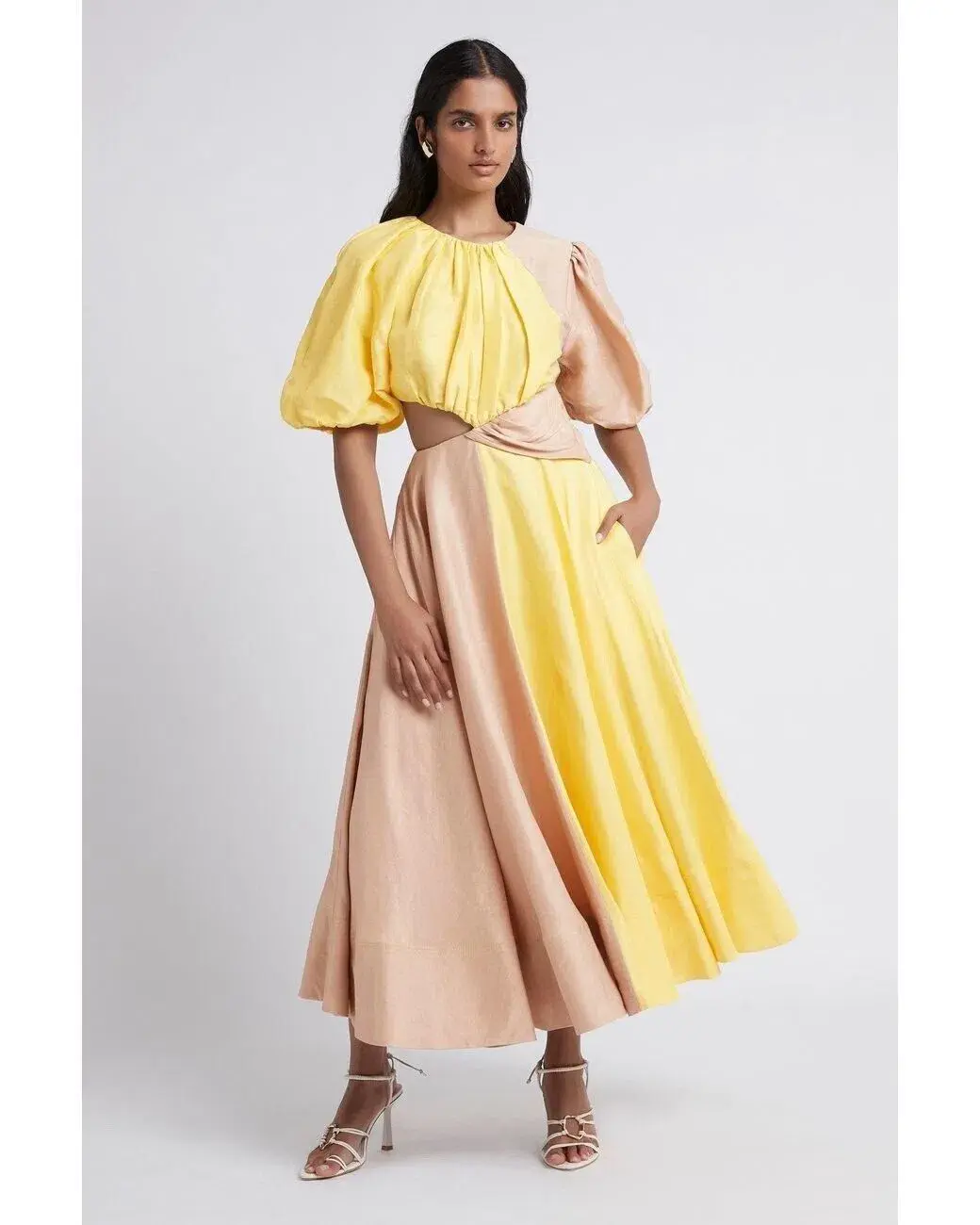 Aje Caliente Two Tone Puff Sleeve Dress Yellow/Brown Size 8 - Image 1