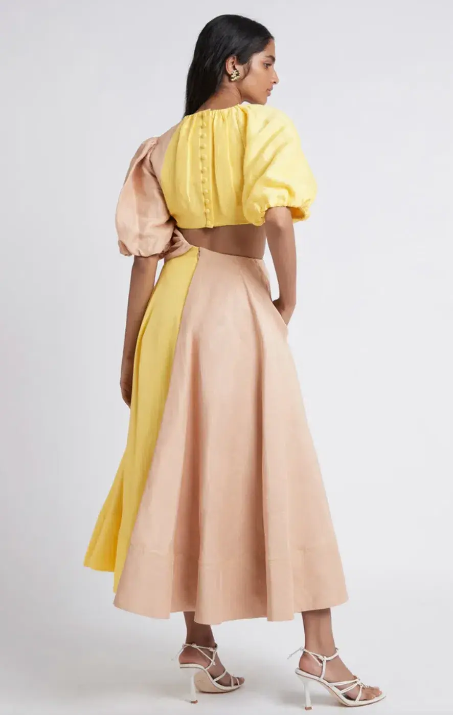 Aje Caliente Two Tone Puff Sleeve Dress Yellow/Brown Size 8 - Image 2