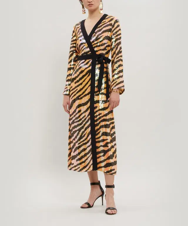 RIXO London 'Gigi' Sequin Midi Dress Tiger Print Sequins Size M/Au 12 - Image 1