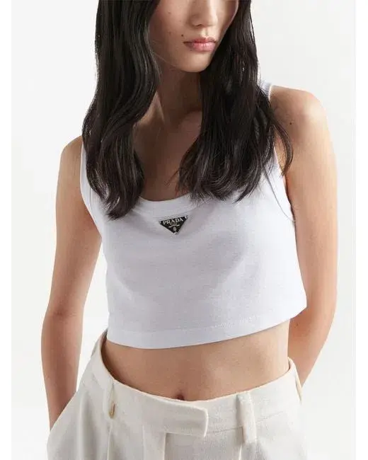 Prada Logo Cotton Jersey Cropped Tank White Size 42/Au 10  - Image 1