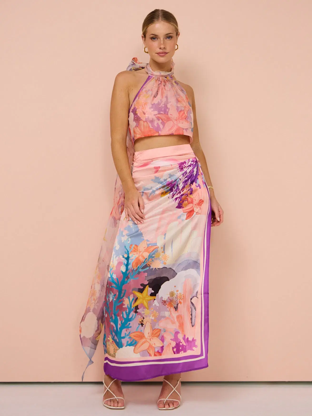 Leo Lin Evie Halter Bow Tie Top and Estella Wrap Midi Skirt in Neptune Print in Coral Set Size 6 - Image 1