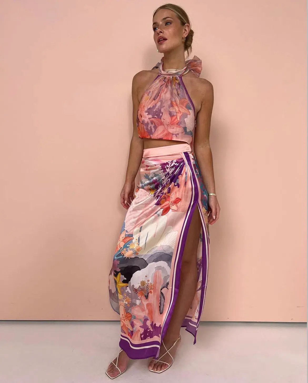 Leo Lin Evie Halter Bow Tie Top and Estella Wrap Midi Skirt in Neptune Print in Coral Set Size 6 - Image 2