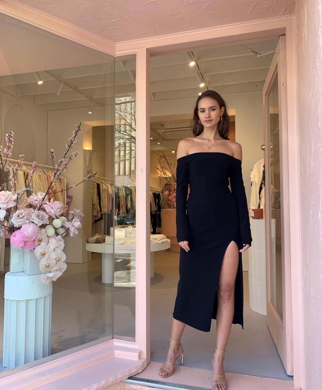 Bec & Bridge Elke Off Shoulder Midi Dress Black Size 10 for rent on The Volte - main image