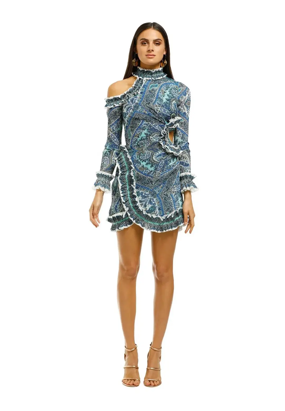 Zimmermann Moncur Ruffle Neck Mini Dress in Aqua Paisley Size 1 / Au 10 for rent on The Volte - main image