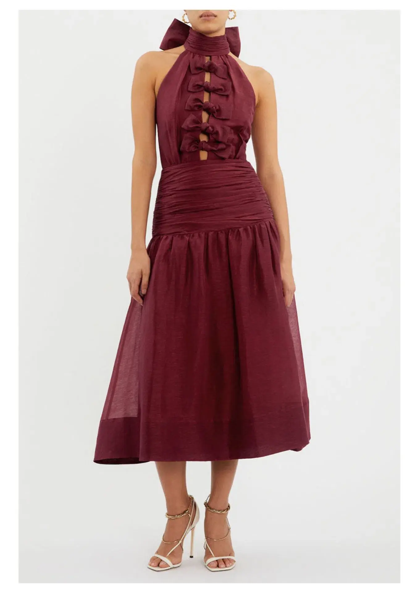 Rebecca Vallance Bordeaux Bow Midi Dress Ox Blood Size 8 - Image 1