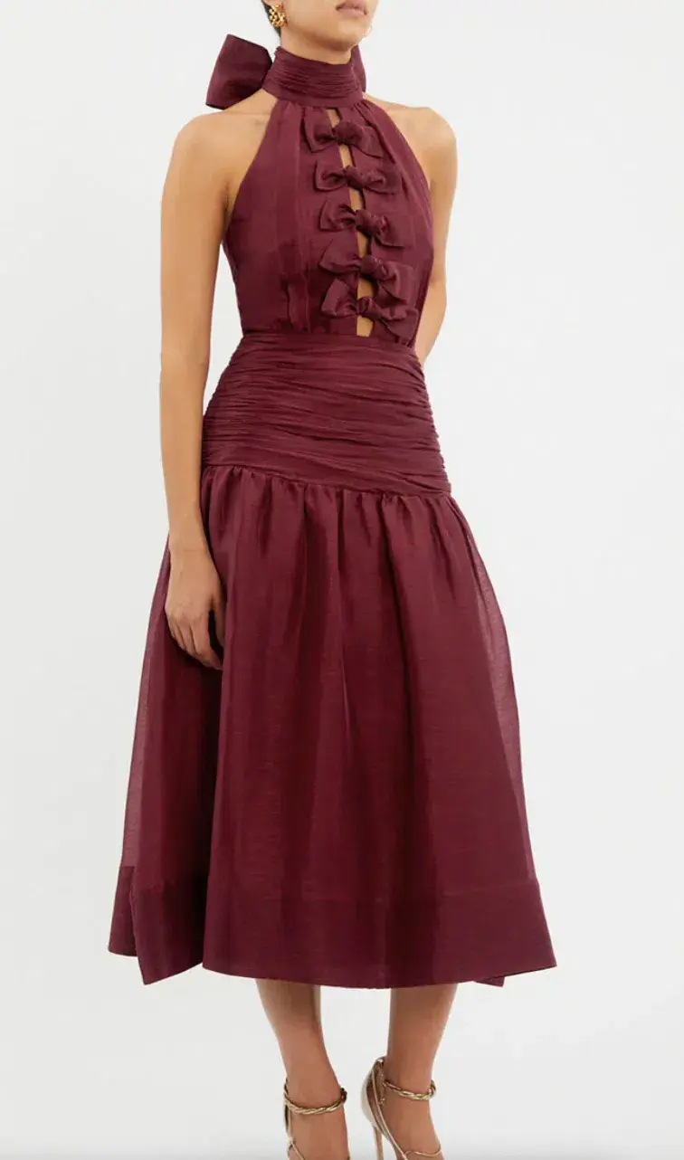 Rebecca Vallance Bordeaux Bow Midi Dress Ox Blood Size 8 - Image 2