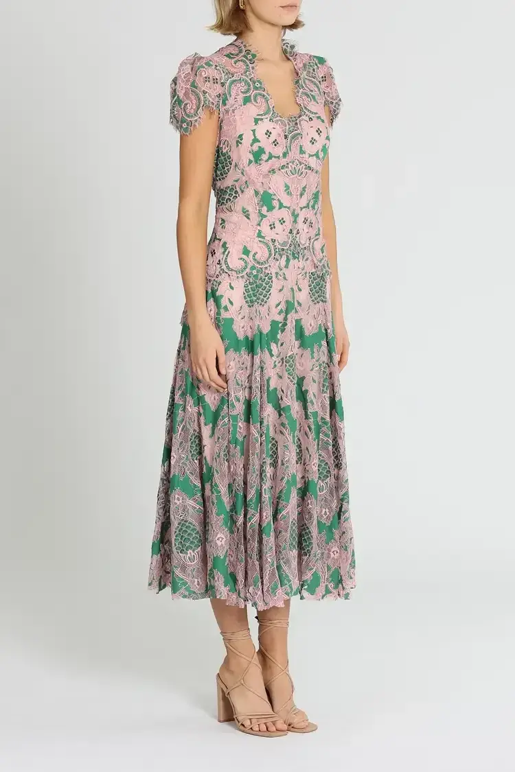 Moss and Spy Sienna Cap Sleeve Midi Dress in Green and Pink Size 14 - Image 2