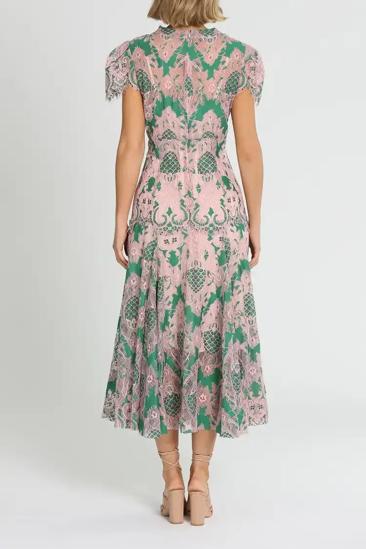Moss and Spy Sienna Cap Sleeve Midi Dress in Green and Pink Size 14 - Image 3