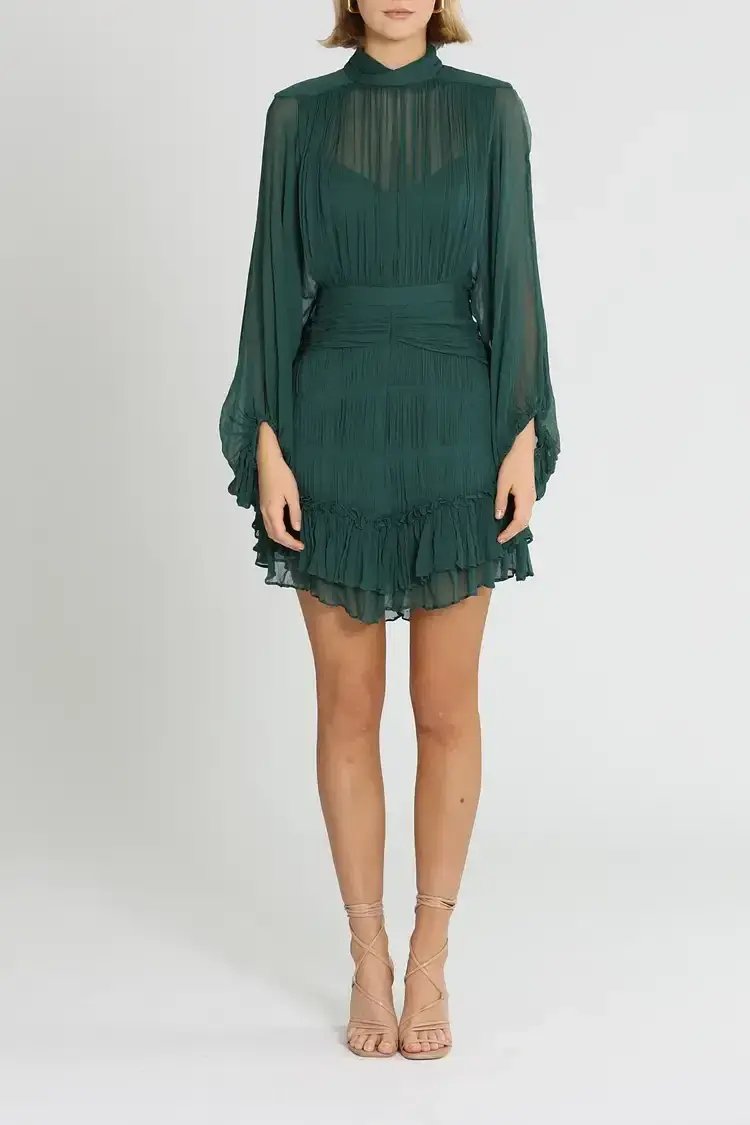 Shona Joy Leonie Long Sleeve Ruched Mini Dress in Green Size 10 - Image 1