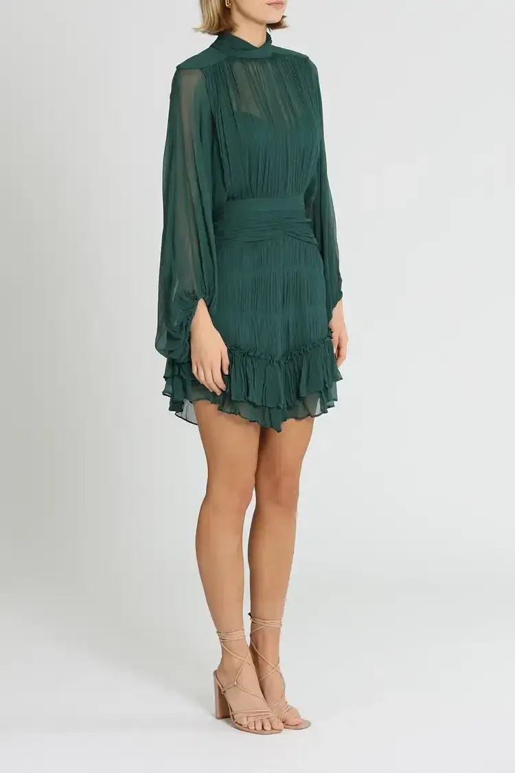 Shona Joy Leonie Long Sleeve Ruched Mini Dress in Green Size 10 - Image 2