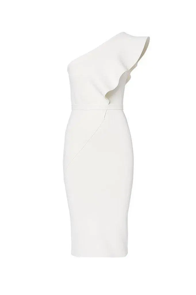 Scanlan Theodore Crepe Knit Ruffle Dress White Size AU 10 for rent on The Volte - main image
