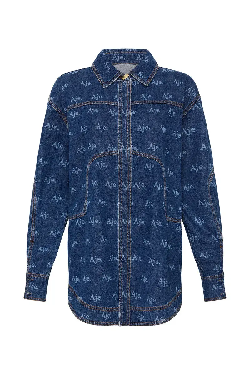 Aje Ratio Logo Denim Shirt and Mini Skirt Set Logo Wash Blue Size 16 for rent on The Volte - main image