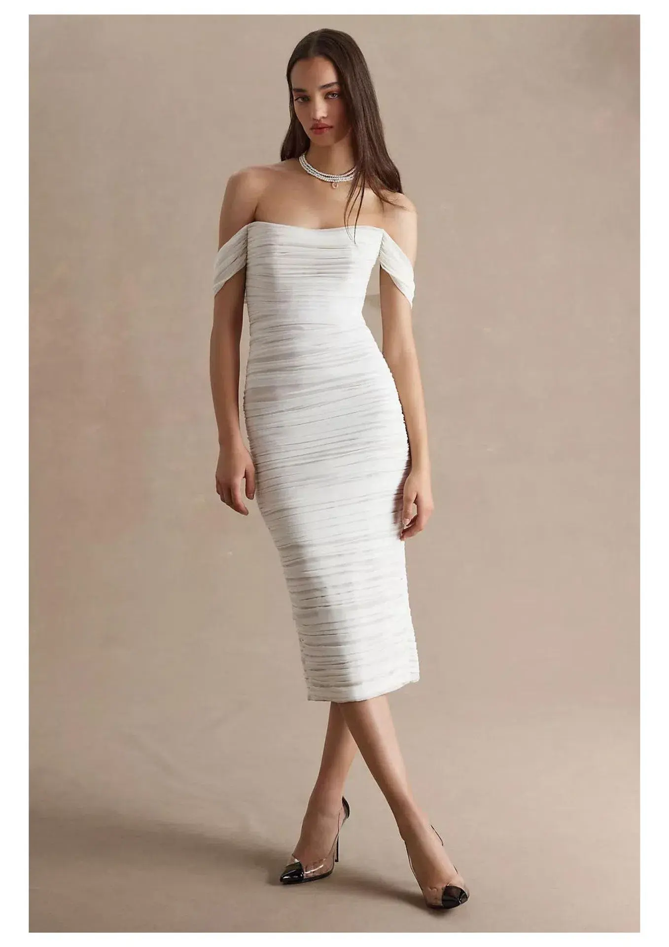 Watters Joanne Ruched Slim Off Shoulder Midi Dress Ivory Nude Size AU 8 - Image 1