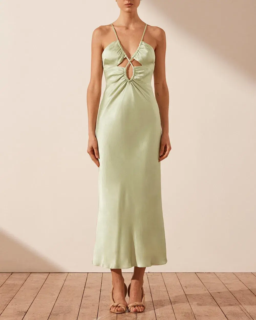 Shona Joy Angelica Keyhole Lace Front Midi Dress in Aloe Vera Size 8 - Image 1