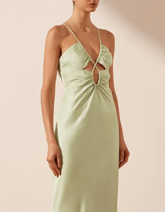 Shona Joy Angelica Keyhole Lace Front Midi Dress in Aloe Vera Size 8 - Image 3
