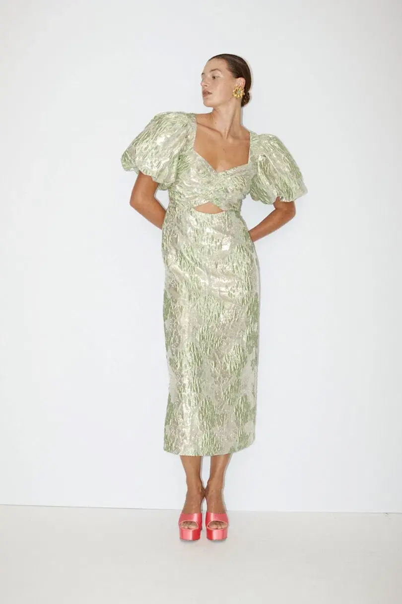 Alemais Mira Puff Sleeve Midi Dress Green Silver Size 14 - Image 1