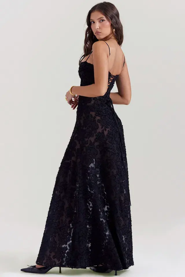 House Of CB Seren Floral Lace Back Maxi Dress Black  Size S/Au 8 - Image 5