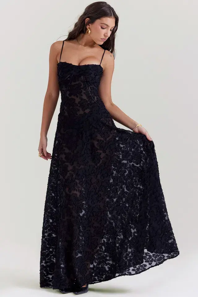 House Of CB Seren Floral Lace Back Maxi Dress Black Size 10/ Au 10 - Image 3