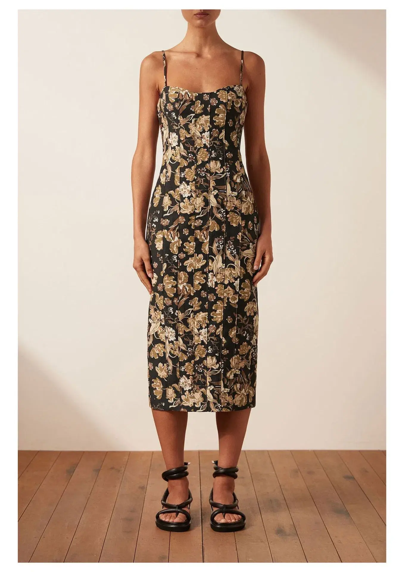 Shona Joy Palermo Linen Fitted Midi Dress Black/Multi Floral Size 10 - Image 1