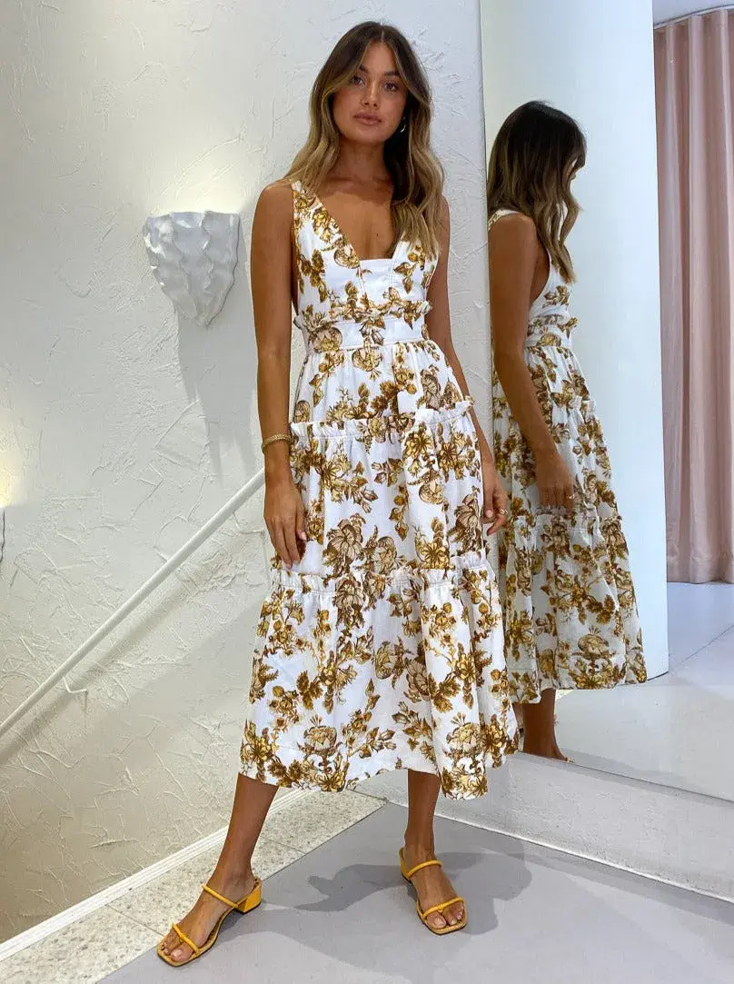 Shona Joy Bella Plunged Tiered Midi Dress Floral Size 10 - Image 1
