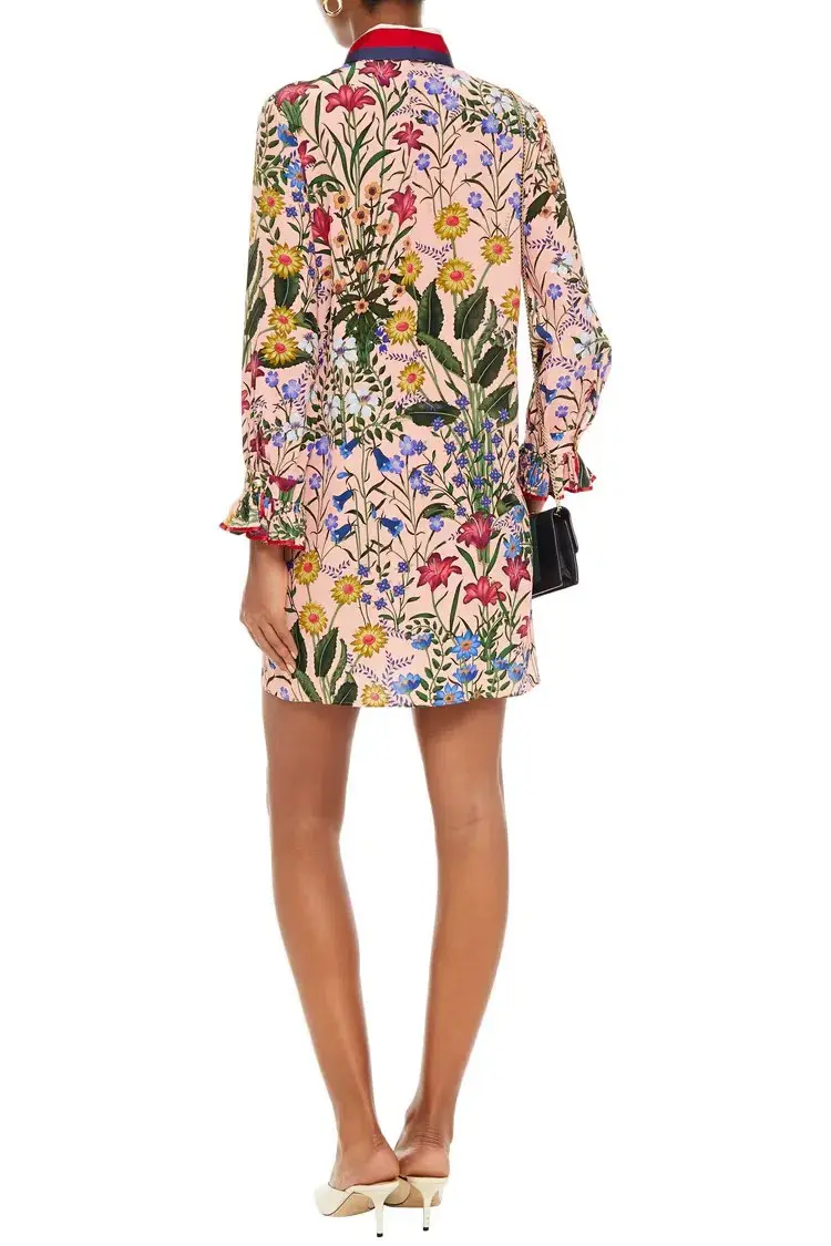  Gucci Ruffled Floral-print Silk Crepe De Chine Mini Dress In Blush Size XS/Au 8  - Image 2