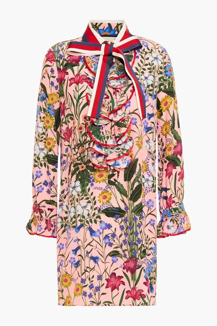  Gucci Ruffled Floral-print Silk Crepe De Chine Mini Dress In Blush Size XS/Au 8  - Image 3