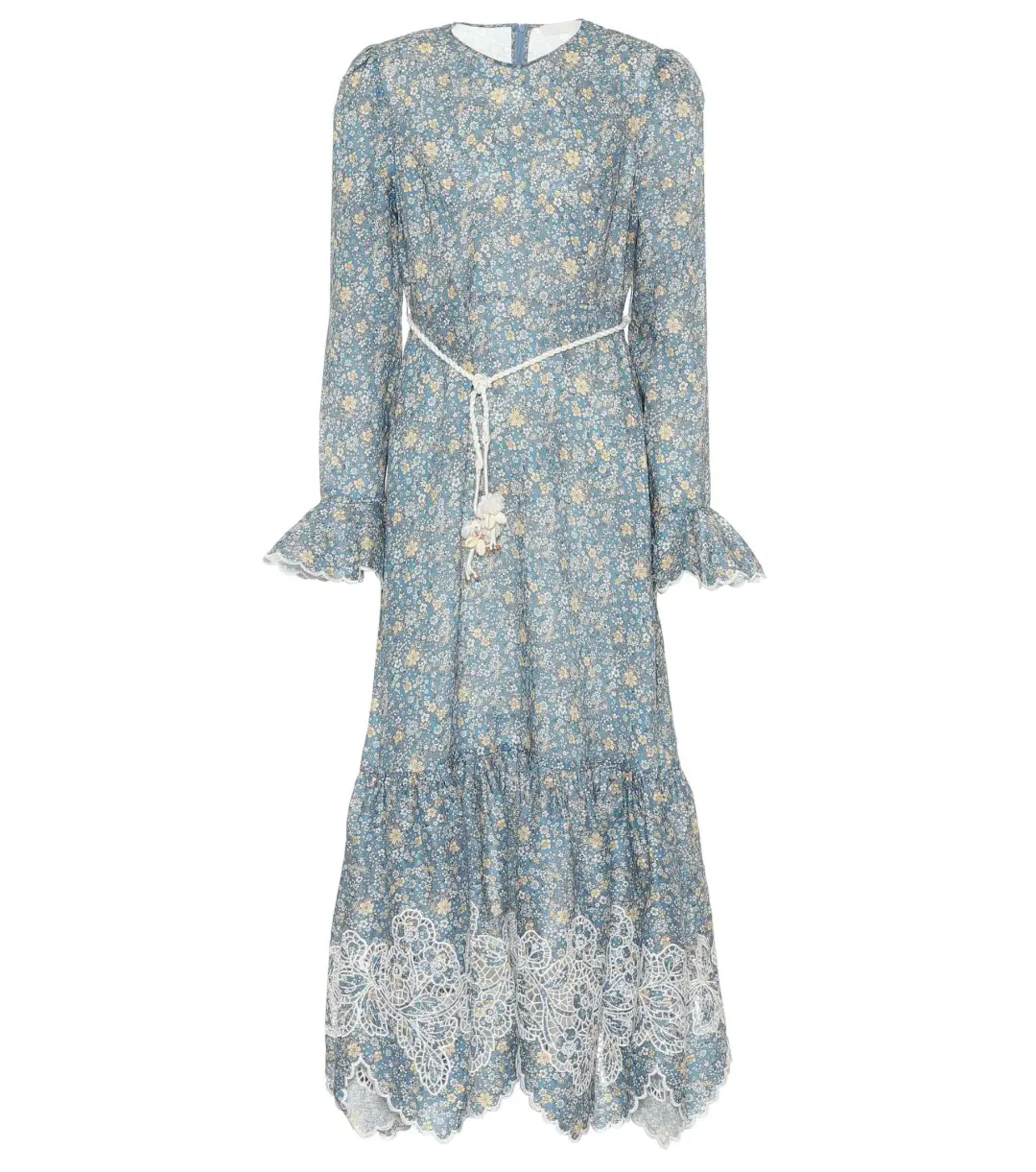 Zimmermann Carnaby Belted Broderie Anglaise-trimmed Floral-print Linen Midi Dress In Blue Print Size 14 for rent on The Volte - main image