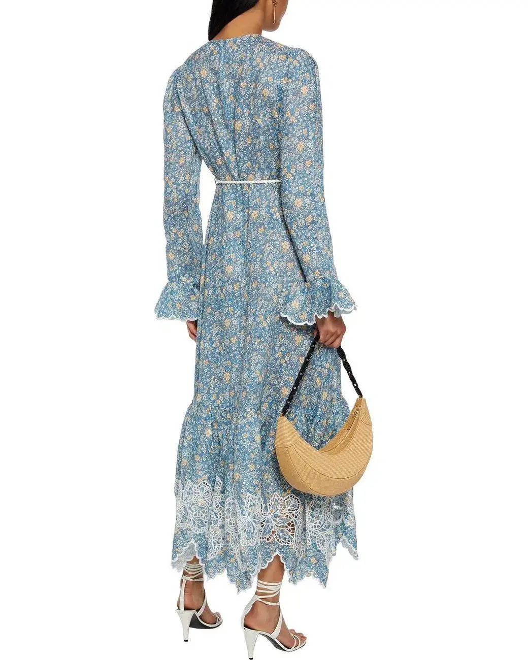 Zimmermann Carnaby Belted Broderie Anglaise-trimmed Floral-print Linen Midi Dress In Blue Print Size 14 - Image 2