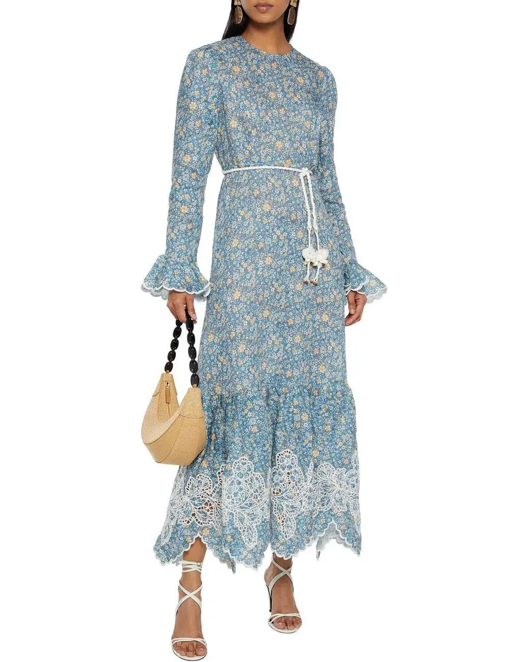 Zimmermann Carnaby Belted Broderie Anglaise-trimmed Floral-print Linen Midi Dress In Blue Print Size 14 - Image 1