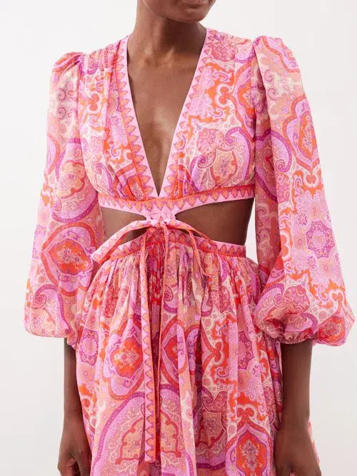 Zimmermann Halcyon Tie Front Mini Dress in Pink/Purple Paisley Size 1 / AU 10 - Image 3