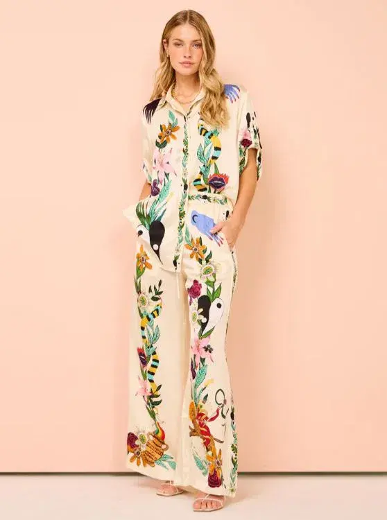 Alemais Meagan Silk Pant and Shirt Set Multi Print Size 14 - Image 3