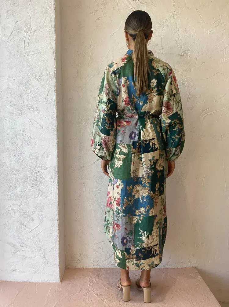 Alemais Loretta Patchwork Shirtdress In Sage Floral Size 16 for rent on The Volte - main image