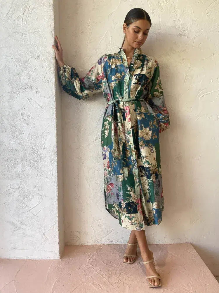 Alemais Loretta Patchwork Shirtdress In Sage Floral Size 16 for rent on The Volte - main image