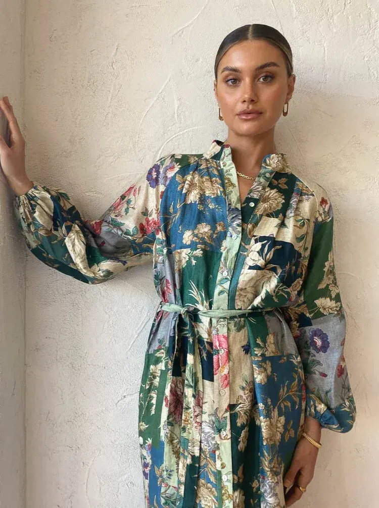 Alemais Loretta Patchwork Shirtdress In Sage Floral Size 16 for rent on The Volte - main image