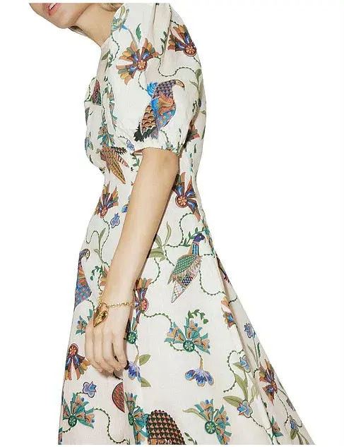 Alemais Birdie Puff-Sleeve Printed Linen Midi Dress Ivory/Print Size 16 - Image 3