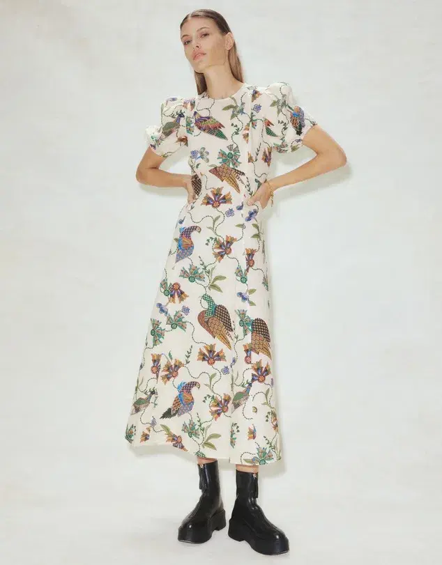 Alemais Birdie Puff-Sleeve Printed Linen Midi Dress Ivory/Print Size 16 - Image 1