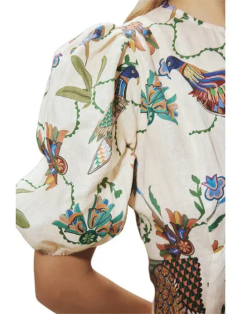 Alemais Birdie Puff-Sleeve Printed Linen Midi Dress Ivory/Print Size 16 - Image 2