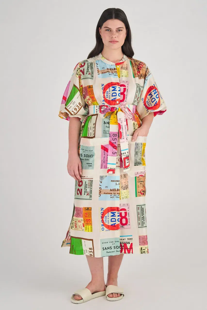 Oroton Ticket Print Shirt Midi Dress Multi Print Size 16 for rent on The Volte - main image