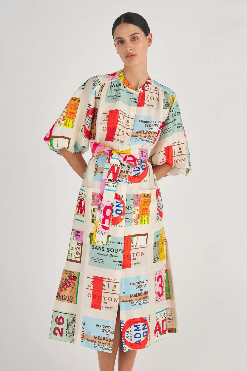 Oroton Ticket Print Shirt Midi Dress Multi Print Size 16 for rent on The Volte - main image
