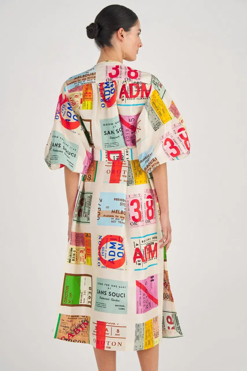 Oroton Ticket Print Shirt Midi Dress Multi Print Size 16 - Image 3