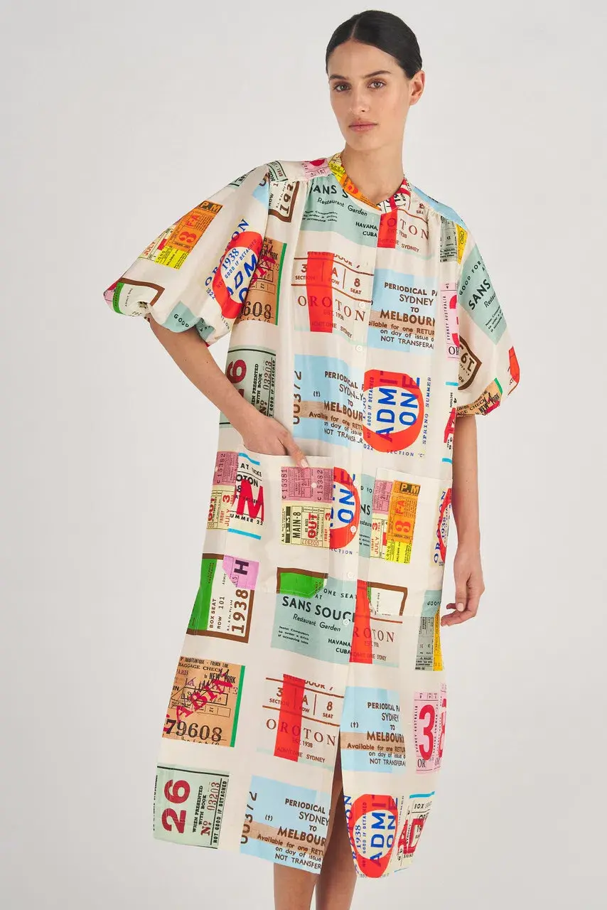Oroton Ticket Print Shirt Midi Dress Multi Print Size 16 for rent on The Volte - main image