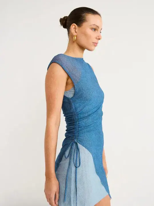 Bec & Bridge Hayden Asym Mesh Mini Dress Spliced Denim Blue Size AU 10 - Image 2