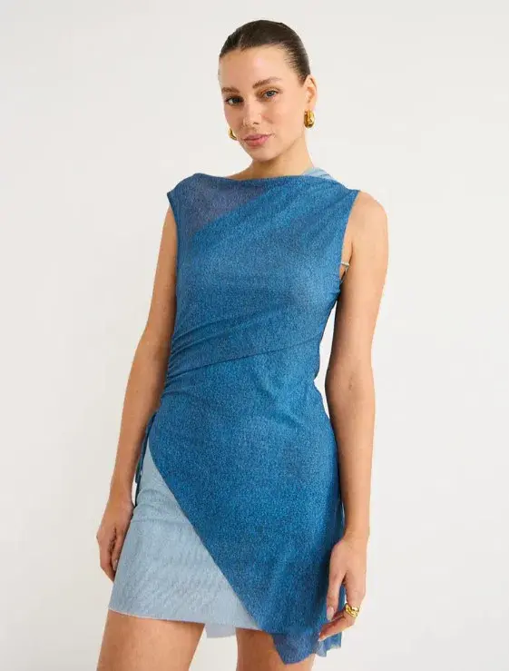 Bec & Bridge Hayden Asym Mesh Mini Dress Spliced Denim Blue Size AU 10 - Image 4