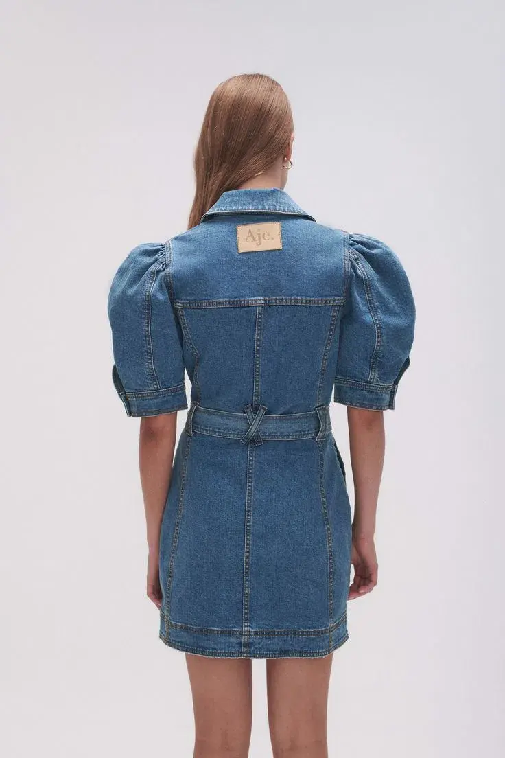 Aje Adriana Puff Sleeve Denim Mini Dress 90's Wash Size 6 - Image 3