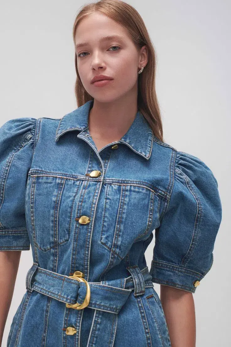 Aje Adriana Puff Sleeve Denim Mini Dress 90's Wash Size 6 - Image 4