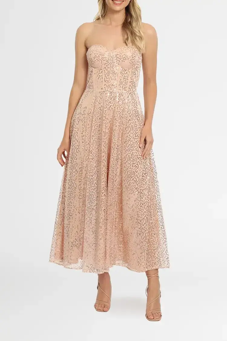 Elle Zeitoune Lana Bustier Midi Dress in Rose Gold Size 12 for rent on The Volte - main image