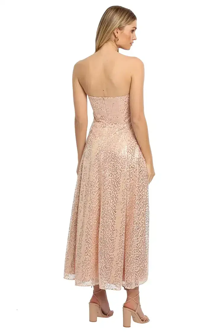 Elle Zeitoune Lana Bustier Midi Dress in Rose Gold Size 16 for rent on The Volte - main image