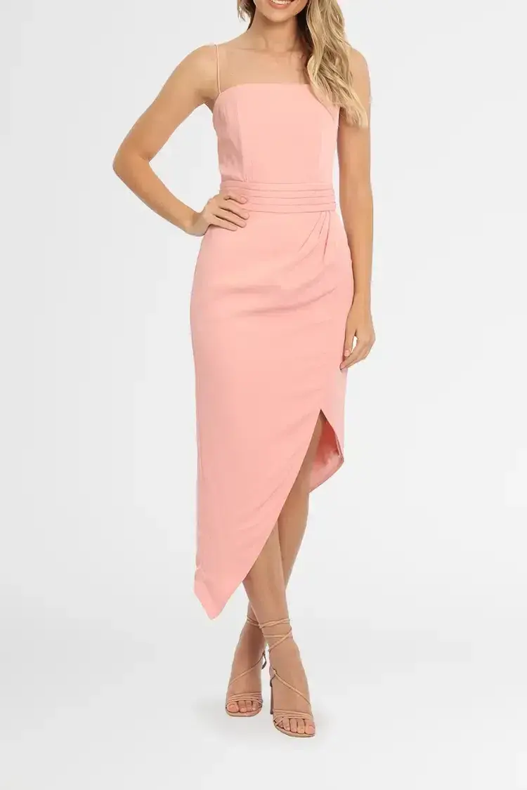 Elle Zeitoune Asymmetrical Split Midi Dress in Blush Pink Size 8 for rent on The Volte - main image