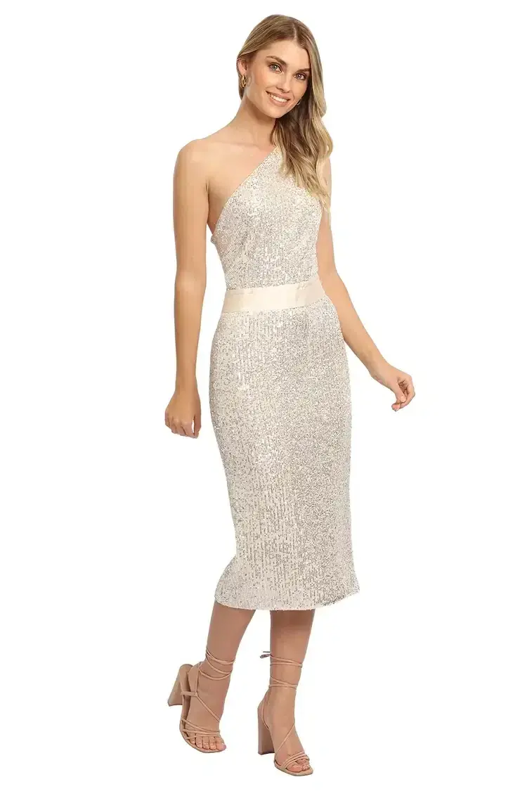 Elle Zeitoune Allene Sequin One Shoulder Midi Dress in Silver Size 10 for rent on The Volte - main image